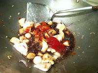 Sliced chicken breast, fish tofu, tofu puffs, fish balls, Sriracha, ketchup, soy sauce, wok, frying
