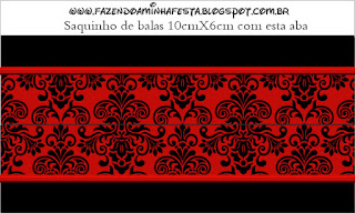 Etiquetas para Imprimir Gratis de Damasco Negro en Fondo Rojo.