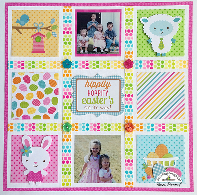12x12 Easter Spring Scrapbook Page Layout with washi tape, bunny rabbit, and a lamb