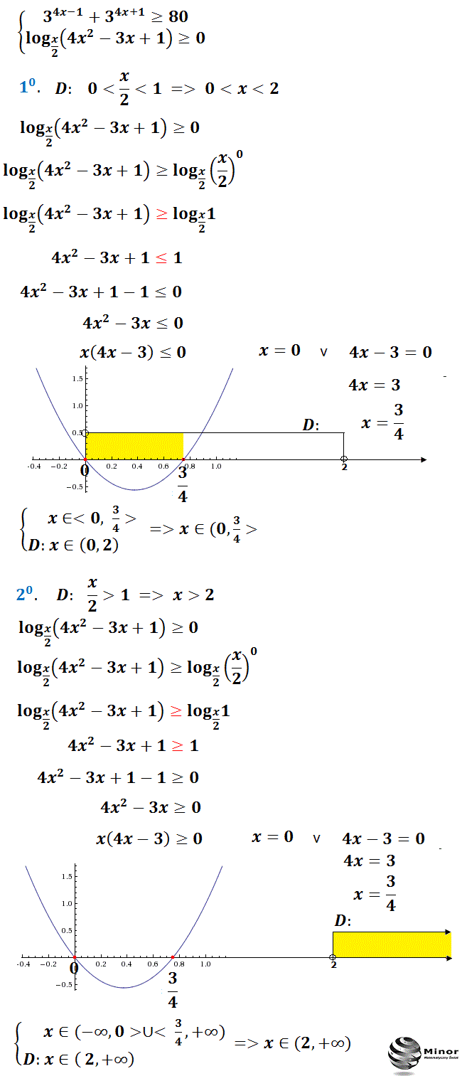 Jak można rozwiązać nierówność wykładniczą i logarytmiczną podając część wspólną zbioru rozwiązań podanych nierówności.      3^4x-1 + 3^4x+1 ≥ 80  i log_(x/2)(4x^2 - 3x + 1) ≥ 0. 