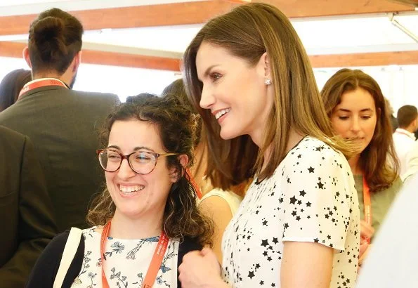 Queen Letizia wore Massimo Dutti Silk Shirt Star Print, she carried Uterque bag for Girona Foundation's meeting at Malavella Hotel Camira in Girona