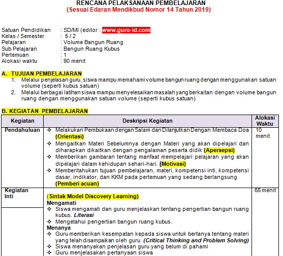 Rpp Satu Lembar Matematika Kelas 5 Kurikulum 2013 Semester 2 Revisi 2020 Info Gtk Terbaru