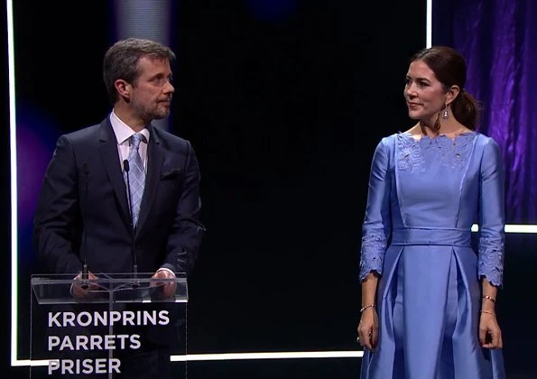 Crown Princess Mary wore Cecilie Bahnsen satin dress and RUPERT SANDERSON Pinka embellished-pebble satin pumps