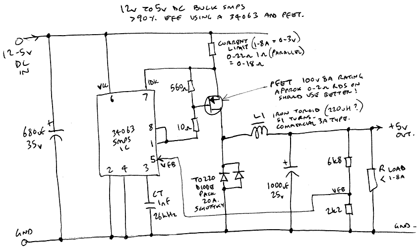 Build a 12v to 5v DC high efficiency SMPS buck converter using 34063 IC