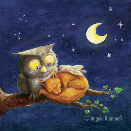 Süße Träume (2014/2015) ©Angela Kommoß Kinderbuchillustration, Eule, Eichhörnchen, Nacht, Wiegenlieder, Schlafen, Träumen