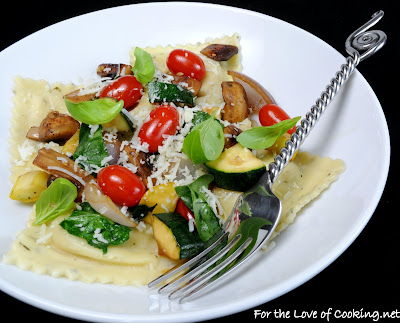 artichoke ravioli with spinach, tomatoes, mushrooms, and squash