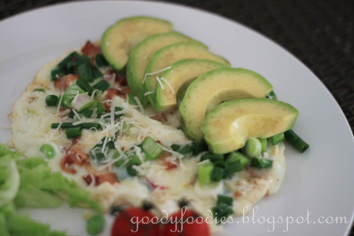 GoodyFoodies Recipe Egg white omelette with bacon and sliced avocado