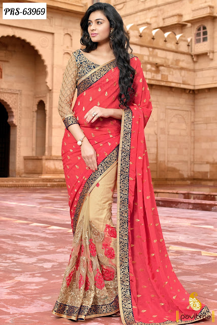 Red Peach Color Chiffon Latest Designer Stylish Party Wear Sarees Online Shopping Collection with Discount Sale Offer Rate Price at Pavitraa.in