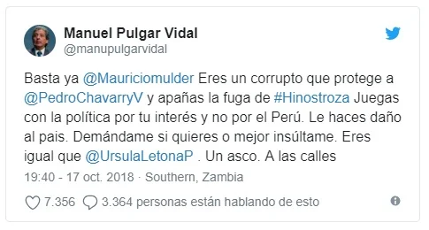 Twitter - Manuel Pulgar Vidal a Mulder: "Eres un corrupto que protege a Chávarry"