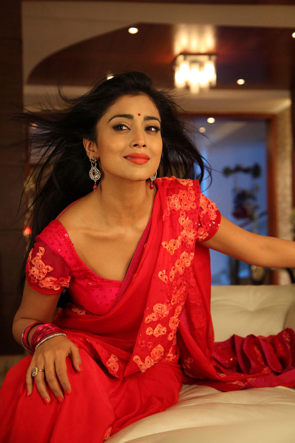 Shriya Saran Sexy Red Saree Navel Exposed In Pavithra Movie Celebs 