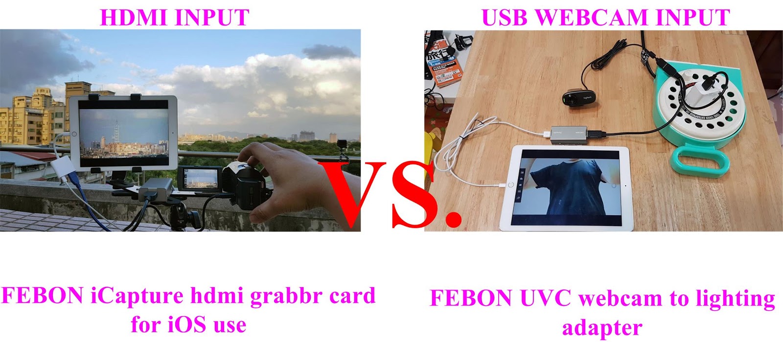 FEBON How connect external camera display or live streming to iPhone iPad