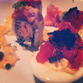 Rock-n-Sake prepared some Sushi Deviled Eggs topped  with Tuna Tar Tar and Caviar and a Salmon Roll as well.