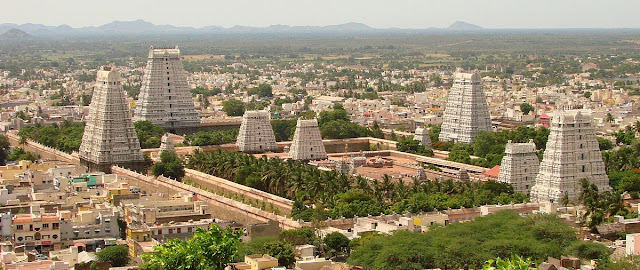 The Arunachaleshwar Temple in Tamil Nadu, India, has four gopurams i.e. entrance towers, in the cardinal directions.