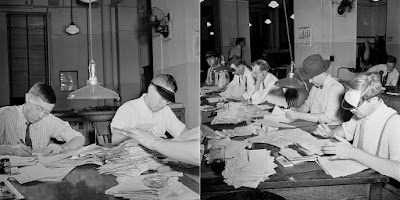 (Left) Copyreaders at the foreign desk in the newsroom. In the foreground, the foreign editor discards a story by