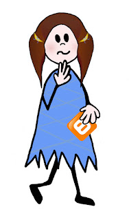 A stick figure girl in a blue dress holding a blogger logo.