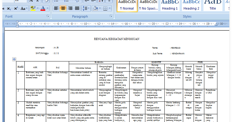 DOWNLOAD CONTOH RENCANA KEGIATAN MINGGUAN SEMESTER 1