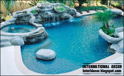 outdoor swimming pool design including waterfall and children's wadding 2015