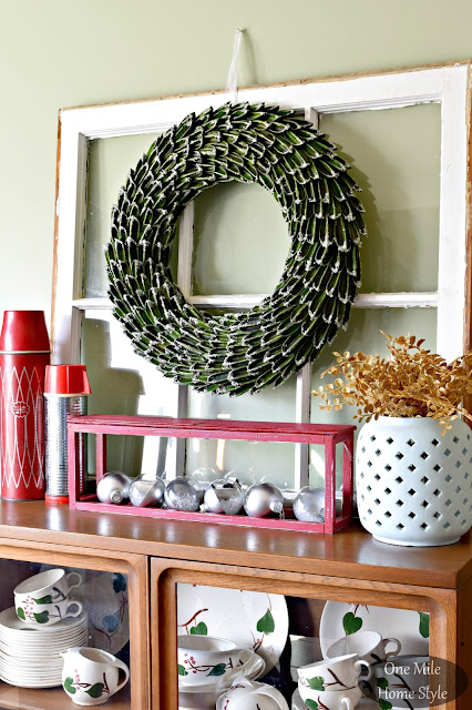 Vintage Window Christmas Decor with Red Thermoses | Christmas Home Tour - One Mile Home Style