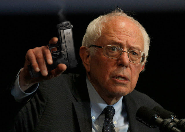 An image of Bernie Sanders with a Glock handgun Photoshopped into his hand