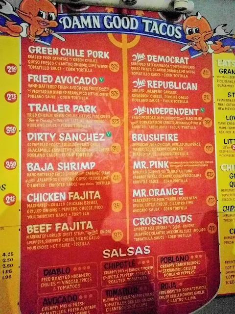 Torchy's Tacos menu at the Food Truck Trailer Park in Austin, Texas