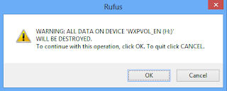 Notifikasi dari rufus pilih ok dan ketahap selanjutnya tata cara instal windows xp dengan flashdisk