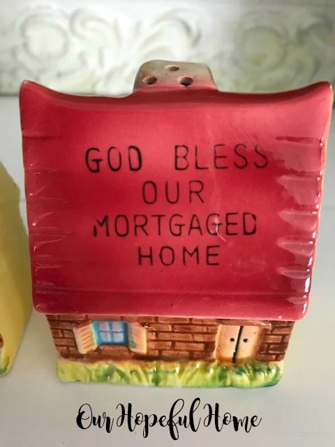 God Bless Our Mortgaged Home pink roof salt pepper shakers 1950's era kitchenware