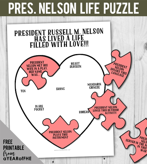 A Year of FHE // A free printable of a puzzle with facts from LDS Prophet President Russell M. Nelson's life. Great for Primary, Family Home Evening or a sabbath activity for families.