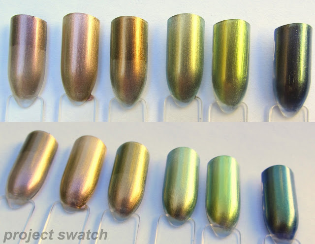swatches - Maybelline Pink Cosmo, China Glaze Swanky Silk, Maybelline Boho Gold, OPI Just Spotted the Lizard, Hits Mari Moon Trendy, Hits Mari Moon Cool