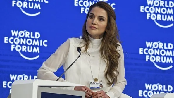 Queen Rania of Jordan listens to the International Committee of the Red Cross (ICRC) president Peter Maurer during a session at the World Economic Forum (WEF) annual meeting in Davos.