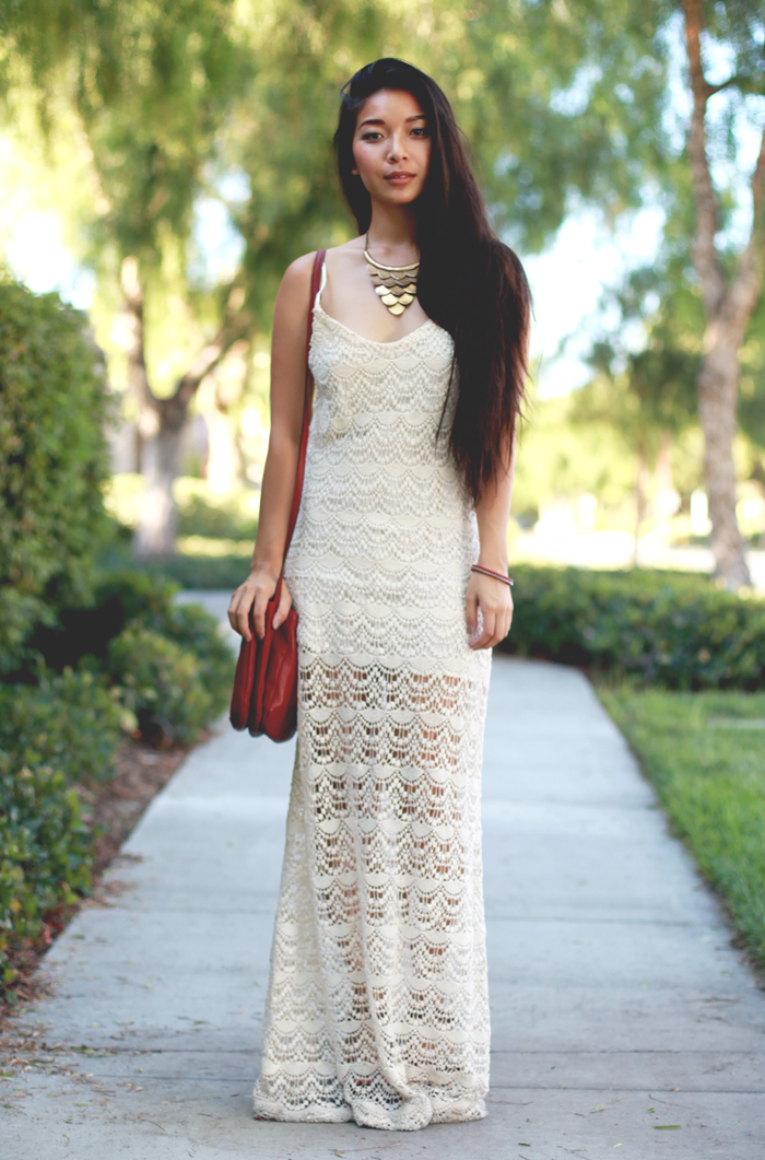 Stephanie Liu of Honey & Silk wearing Chaser lace maxi dress and Chloe and Isabel jewelry