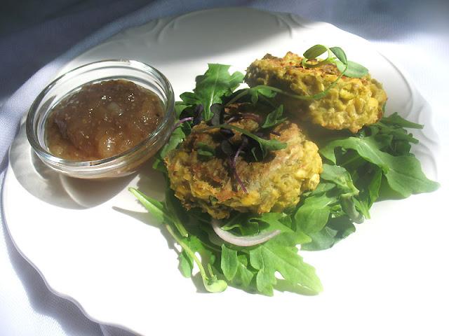 Green and Yellow Split Pea Rice Patties with Apple Chia Seed Compote