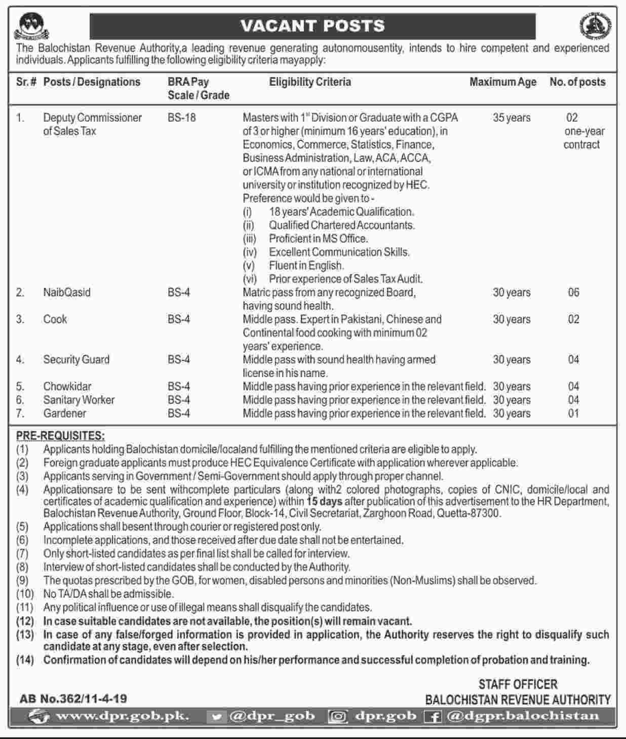 Jobs in Balochistan Revenue Authority Jobs in Balochistan Revenue Authority