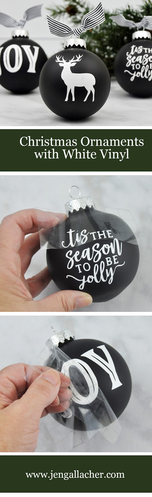 Chalkboard ornaments with white vinyl designed by Jen Gallacher using a Silhouette die cut machine. #diecutting #christmasornament #jengallacher #christmascraft