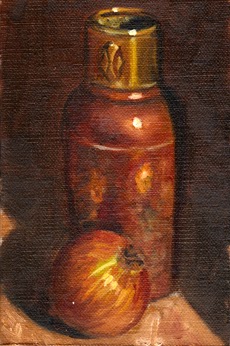 Oil painting of an onion with an Art Deco copper vase behind.
