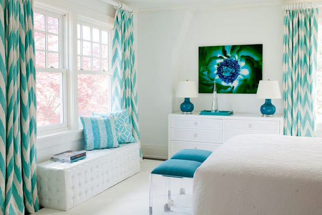 White bedroom with turquoise bedroom by Amanda Nisbet