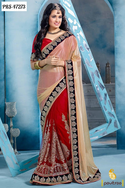 Trendy red net designer saree online shopping at lowest price