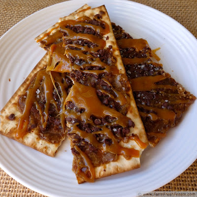 Got leftover matzoh?  Make a decadent dessert! This buttery toffee is topped with caramel and sea salt for an irresistible treat.