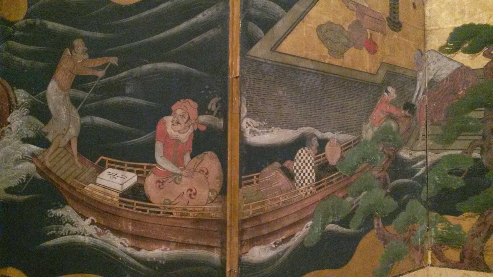 detail of Japanese Edo screen showing small boat