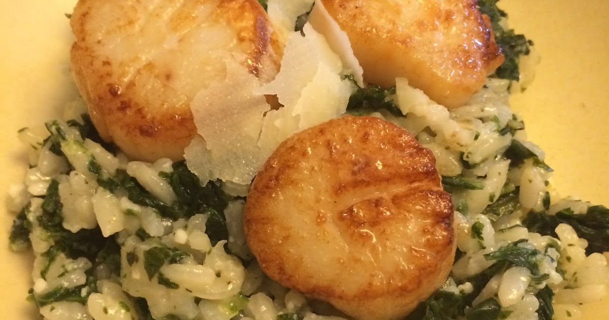 Nana's Blue and White Dishes Parmesan Spinach Risotto with Scallops