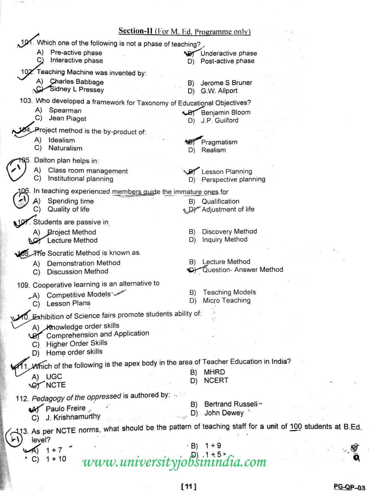M.Ed. Question Paper CUCET 2019
