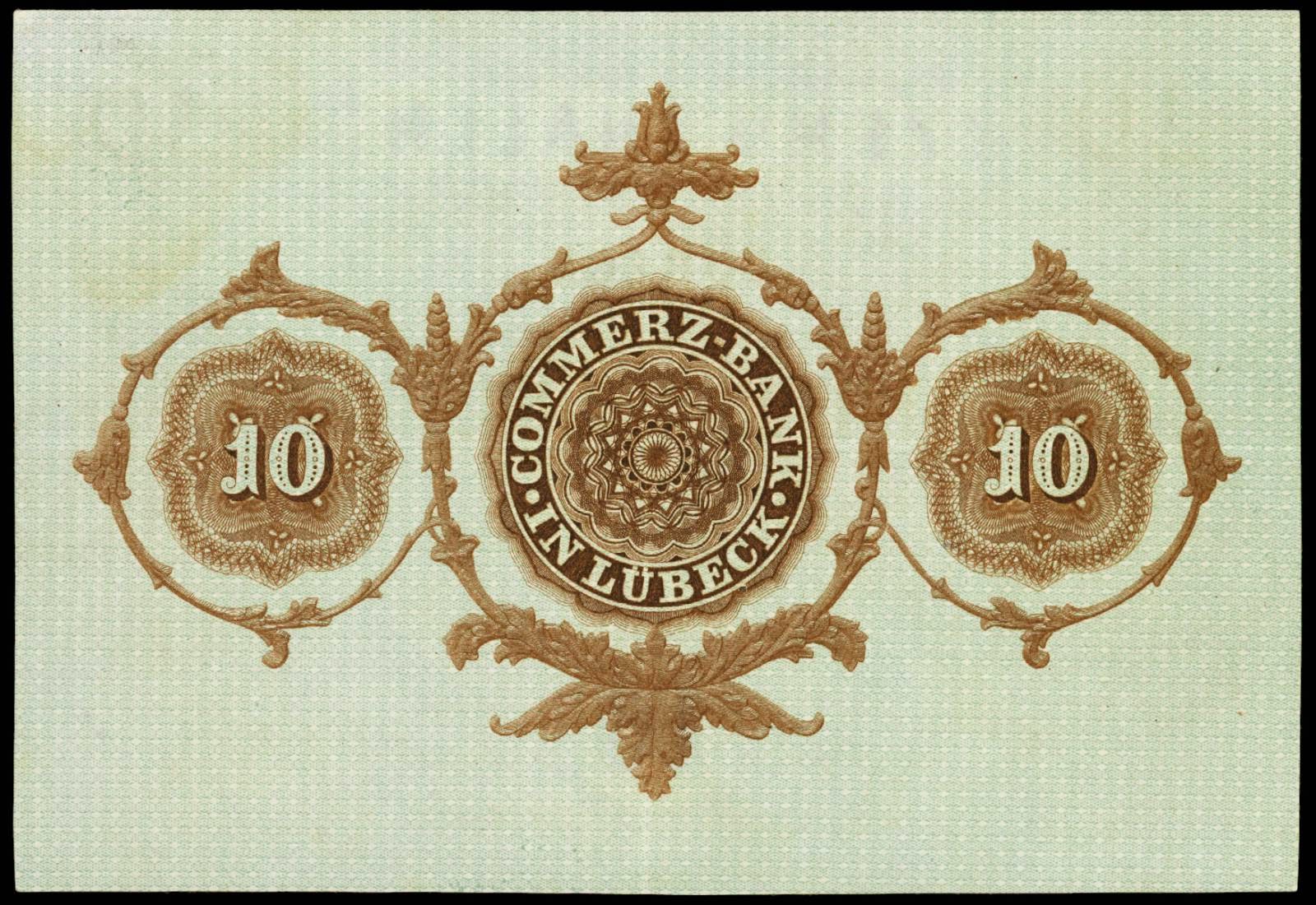 German States banknotes 10 Thaler 1865 Commerce Bank in Lubeck