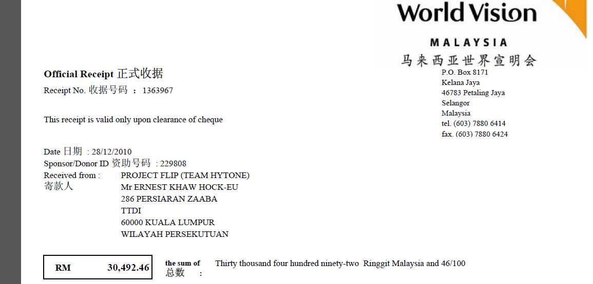 Project FLIP PROJECT FLIP 2010's Official World Vision Receipt