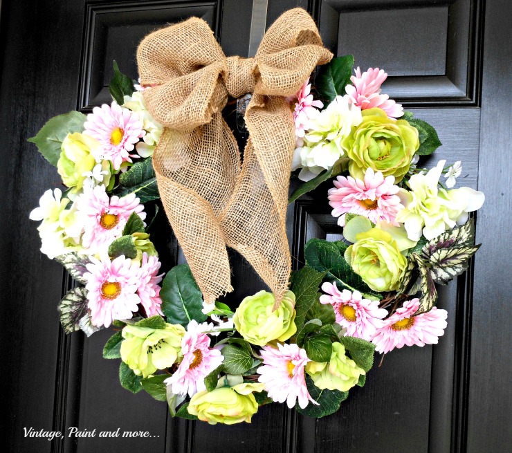Vintage, Paint and more... DIY spring wreath with faux flowers and burlap ribbon