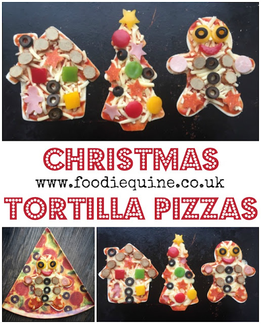 www.foodiequine.co.uk Keep the kids (both big and little) amused making these oh so cute Festive Tortilla Pizzas. Using wraps makes these savoury Christmas snacks super quick to prepare and cook.