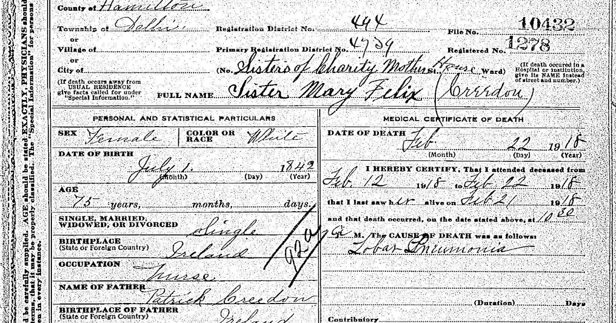 Kathryn's Quest: Sister Mary Felix/Creeden Death Certificate ...