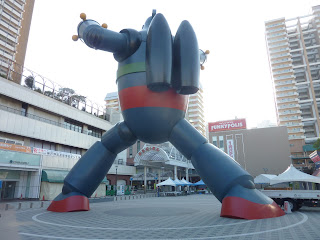 Giant 18 metre tall Tetsujin 28-Go (Gigantor) statue in the Nagata ward of Kobe. As seen from behind with his jetpack visible
