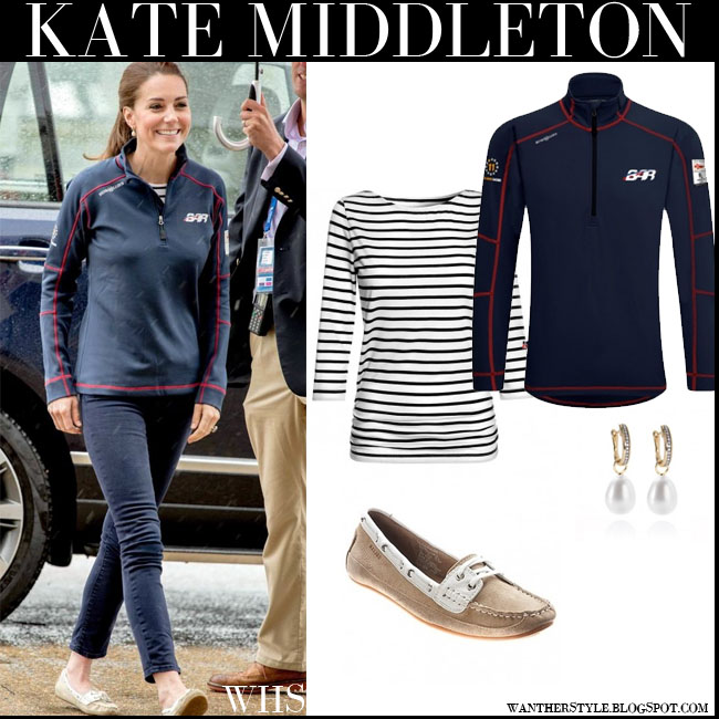 Kate Middleton In Blue Fleece Zip Pullover With Striped Top Kate Middleton In Blue Racing Henri Lloyd Pullover Striped Me Em Breton Top