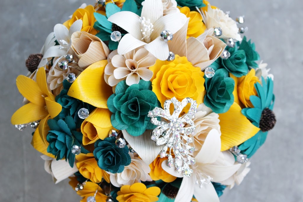 Teal, Mustard Yellow and Gray Wedding Bouquets Made of Wood and