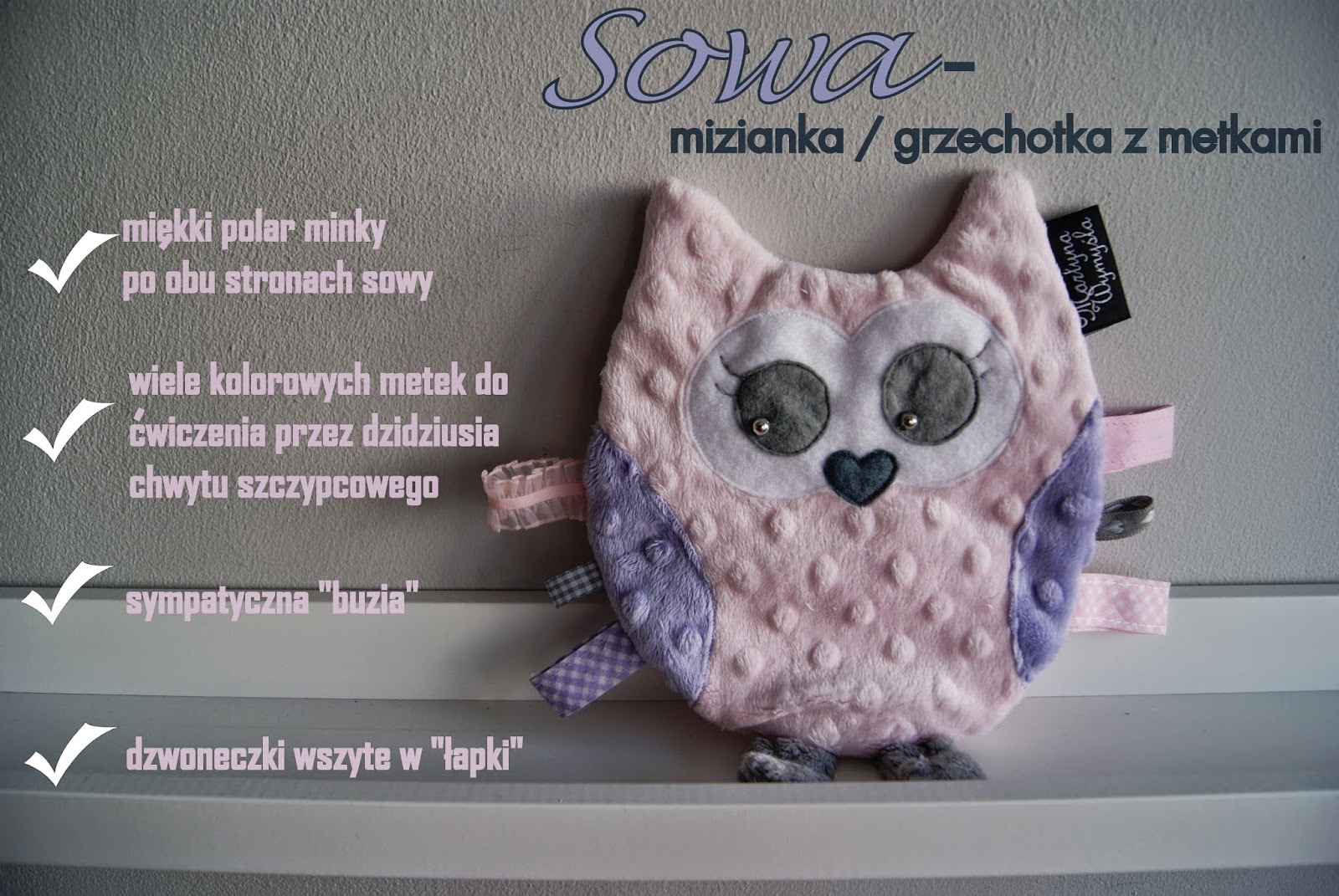 sowa z polaru minky z metkami 1 sowa zabawka grzechotka z metkami 1