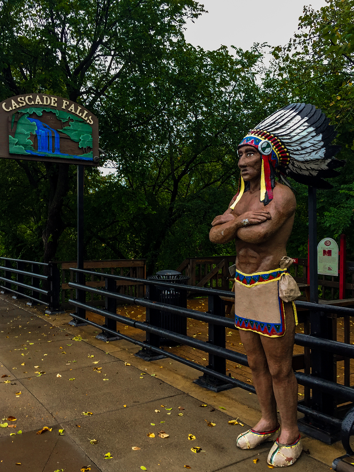 A Carved Figure of Chief Osceola at the trailhead of Cascade Falls and Wilkie Glen